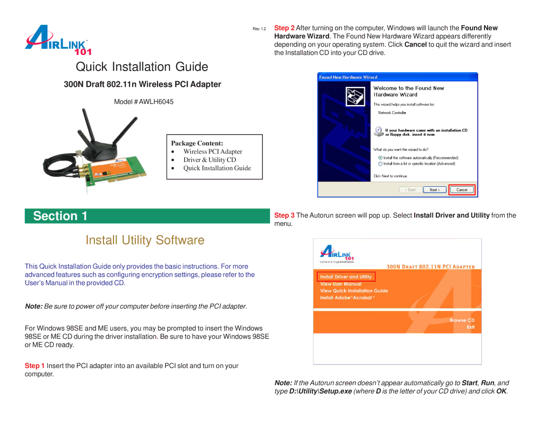 Airlink101 AWLH6045 user manual Quick Installation Guide, Install Utility Software 