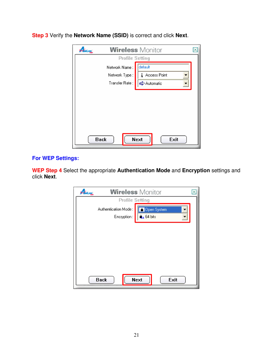 Airlink101 AWLH6045 user manual For WEP Settings 