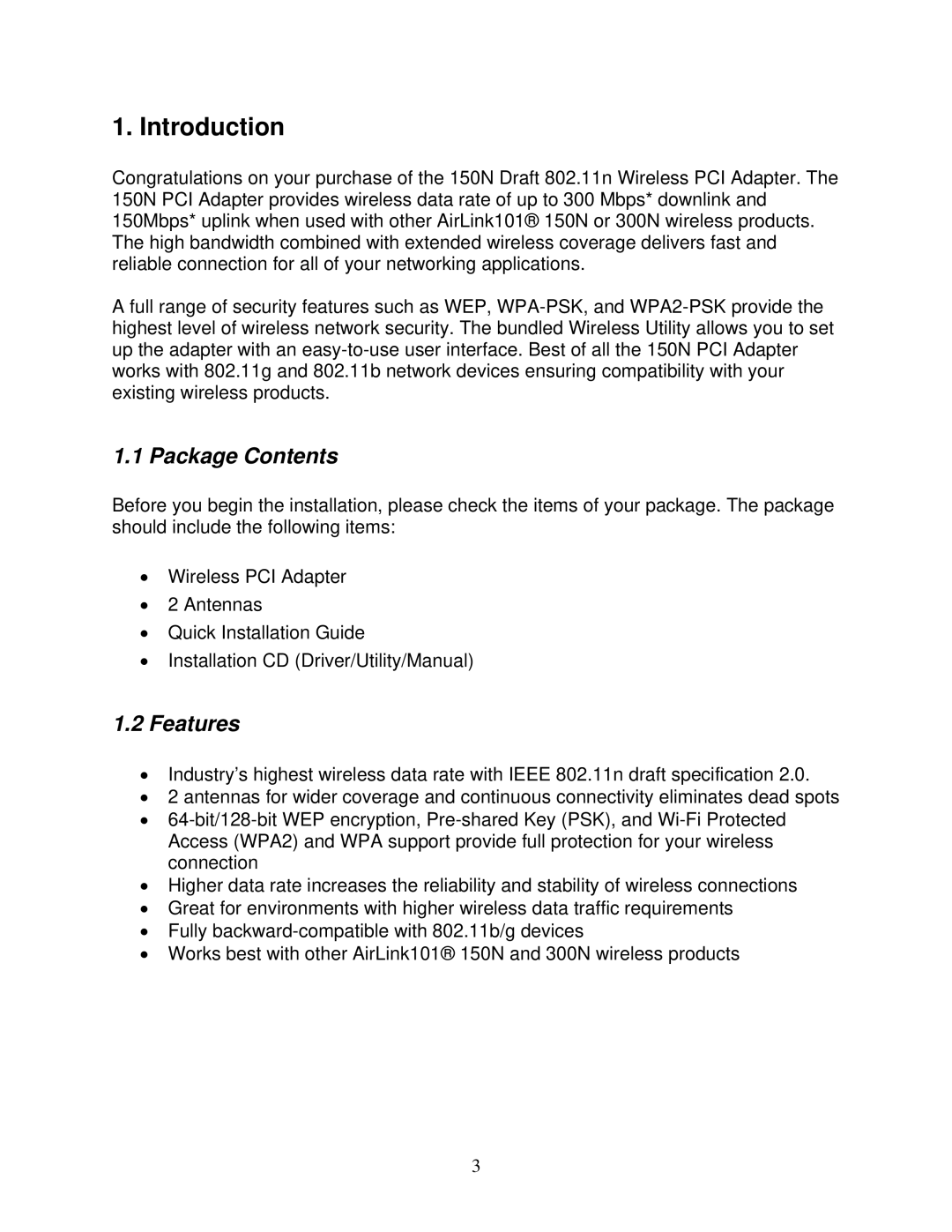 Airlink101 AWLH6070 user manual Introduction, Package Contents, Features 