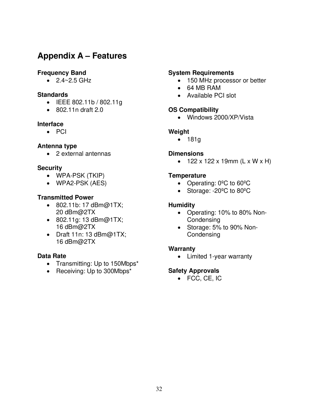 Airlink101 AWLH6070 user manual Appendix a Features 