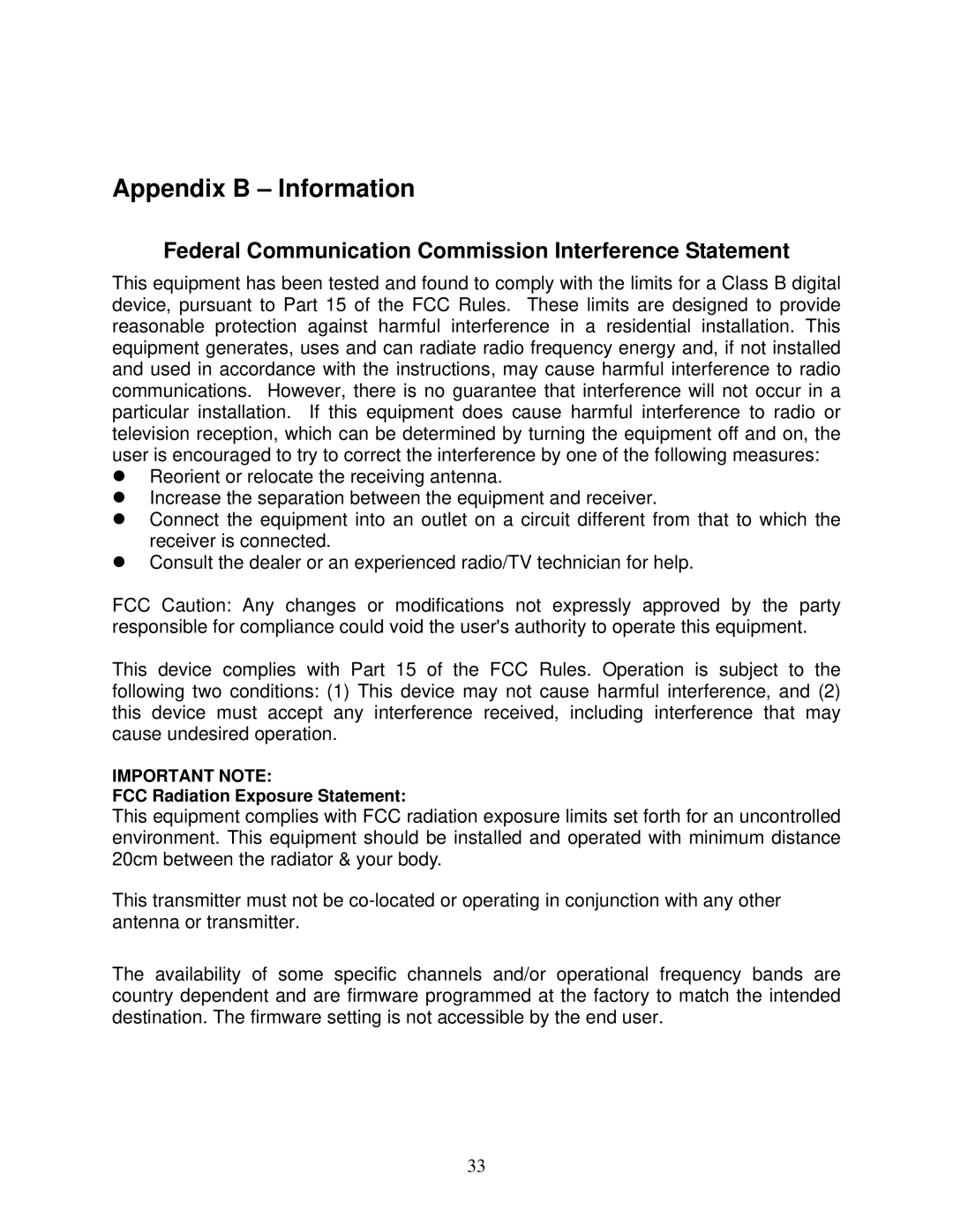 Airlink101 AWLH6070 user manual Appendix B Information, Federal Communication Commission Interference Statement 