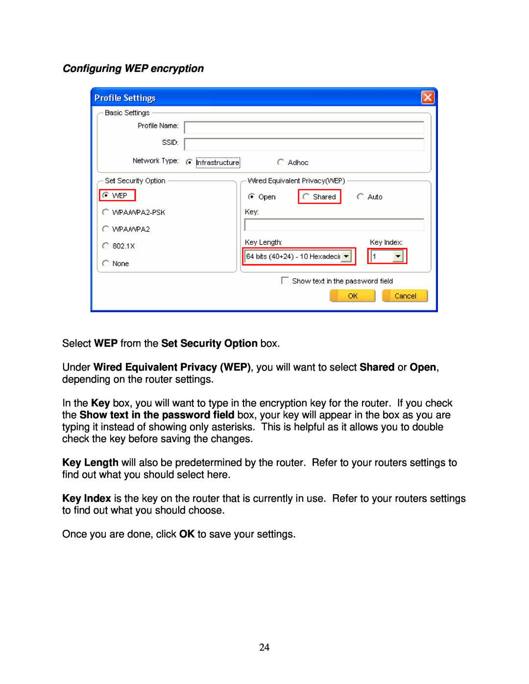 Airlink101 AWLH6070 user manual Configuring WEP encryption, Select WEP from the Set Security Option box 