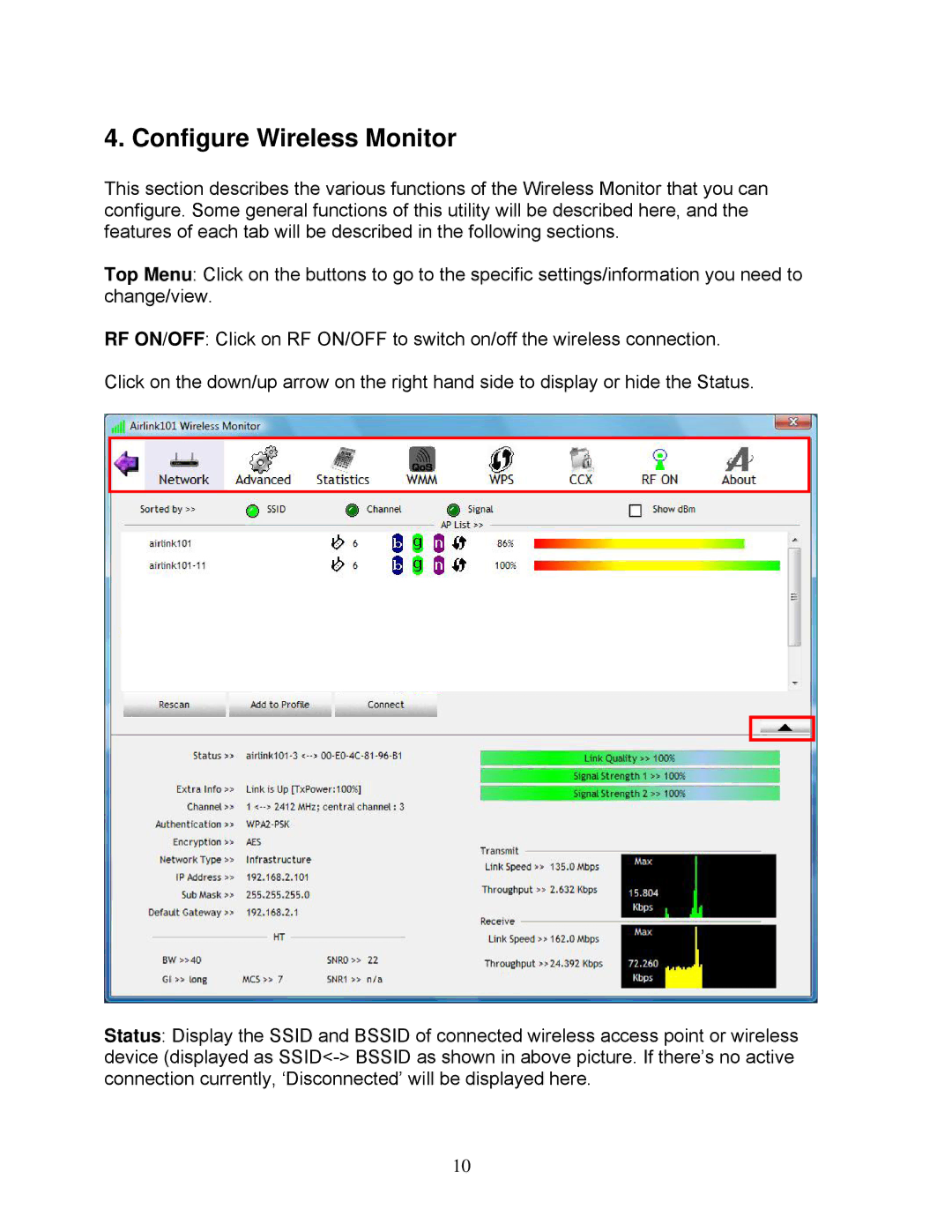 Airlink101 AWLH6075 user manual Configure Wireless Monitor 