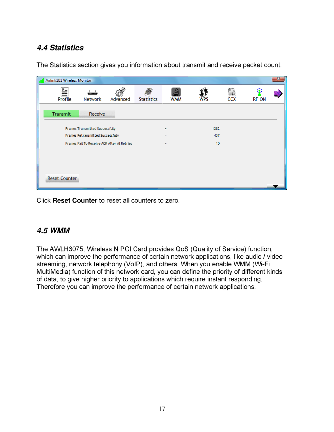 Airlink101 AWLH6075 user manual Statistics, Wmm 