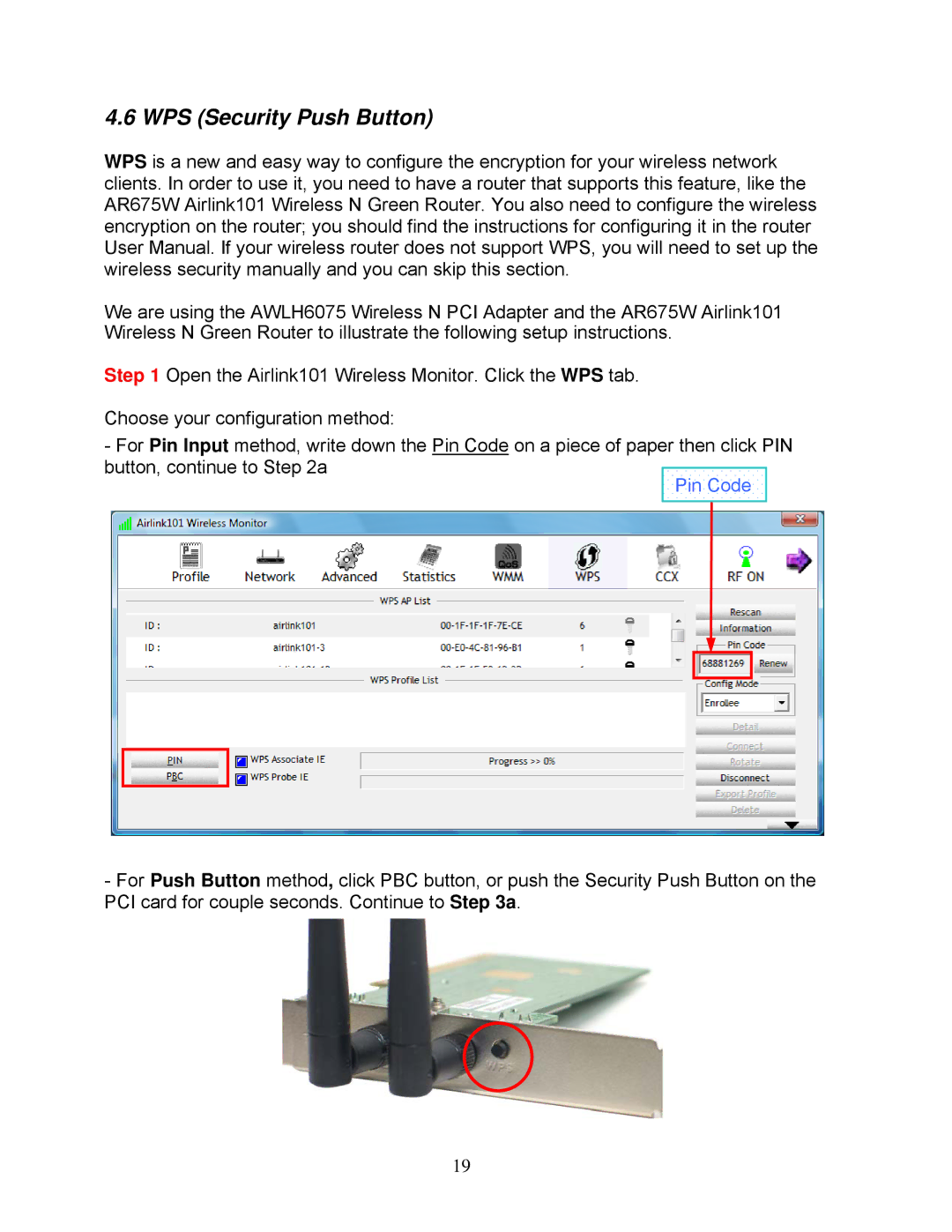 Airlink101 AWLH6075 user manual WPS Security Push Button, Pin Code 