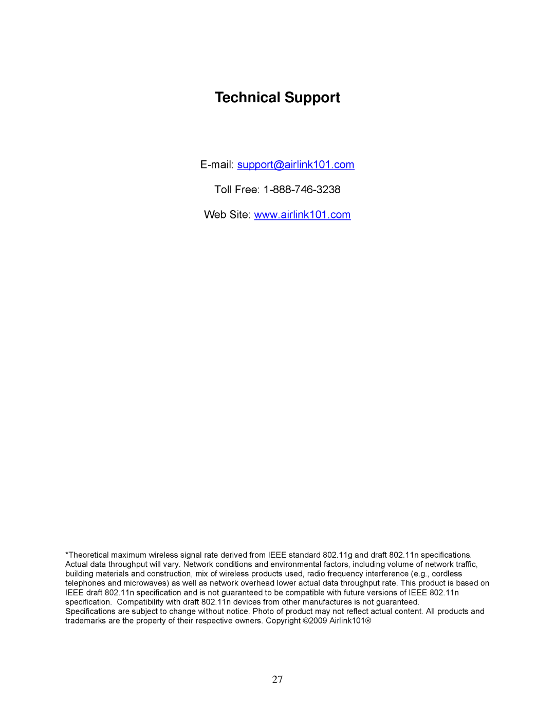 Airlink101 AWLH6075 user manual Technical Support, Mailsupport@airlink101.com 