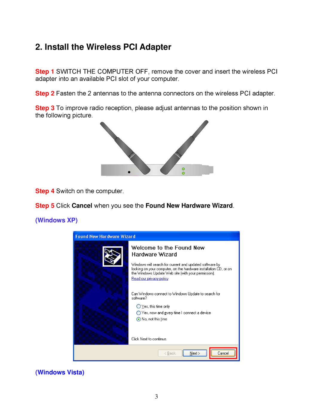 Airlink101 AWLH6075 user manual Install the Wireless PCI Adapter, Windows XP 