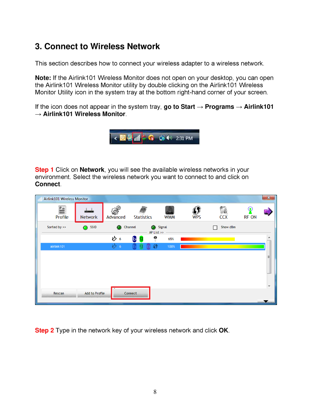 Airlink101 AWLH6075 user manual Connect to Wireless Network, → Airlink101 Wireless Monitor 