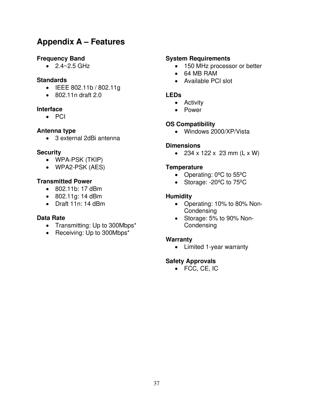 Airlink101 AWLH6090 user manual Appendix a Features 