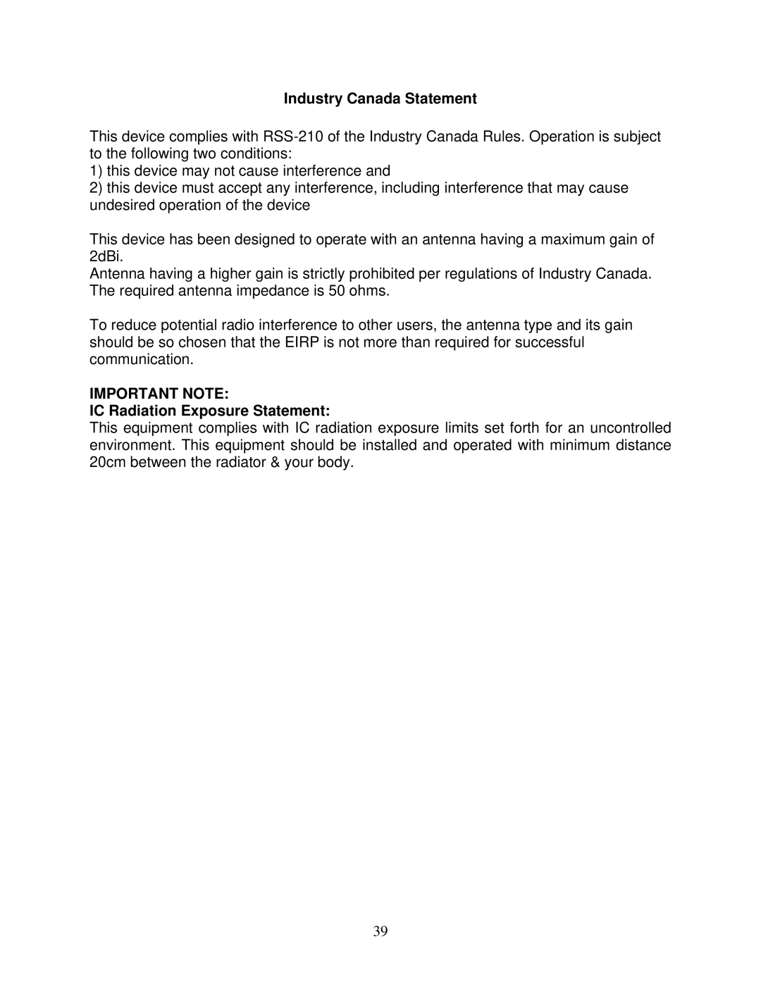 Airlink101 AWLH6090 user manual Industry Canada Statement, IC Radiation Exposure Statement 