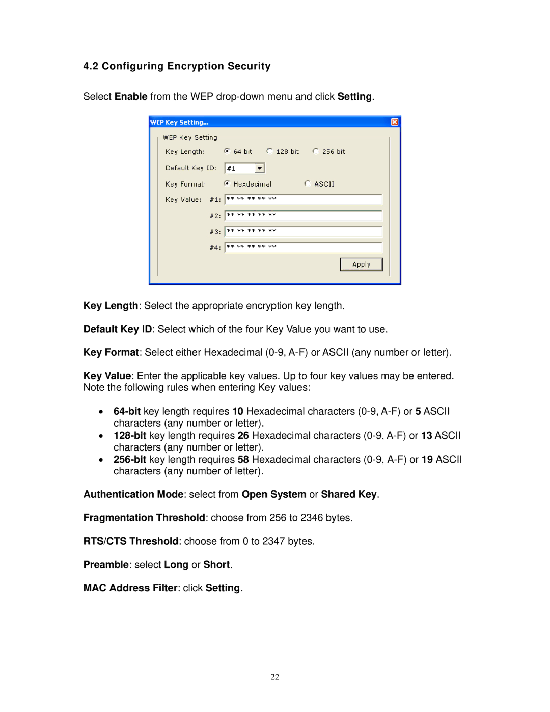 Airlink101 AWLL3026 user manual Configuring Encryption Security, Authentication Mode select from Open System or Shared Key 