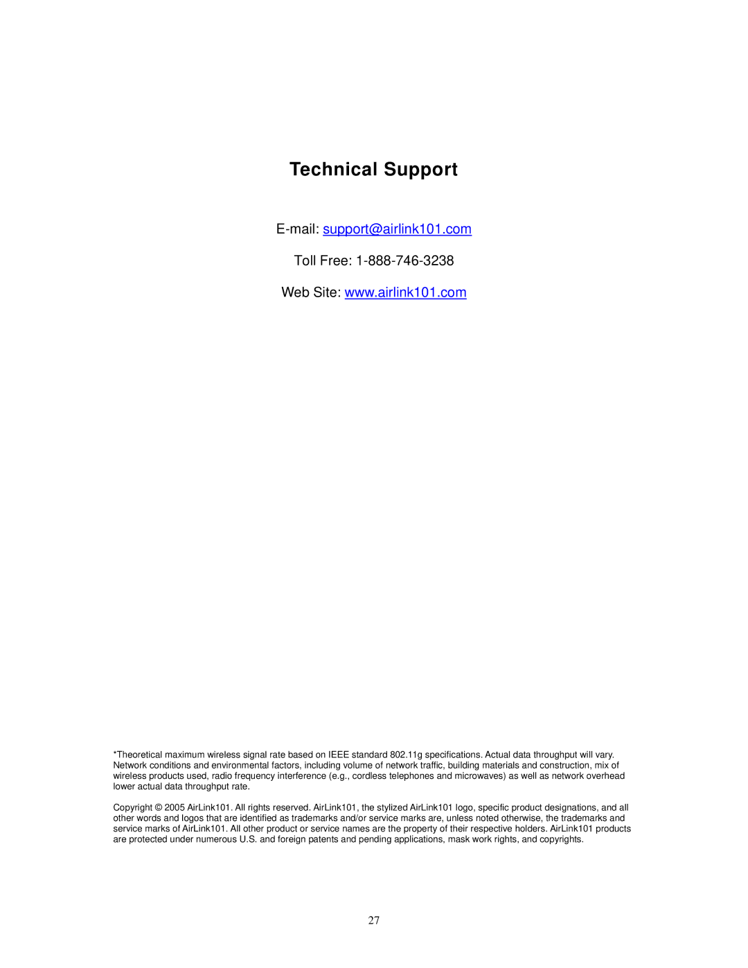 Airlink101 AWLL3026 user manual Technical Support 