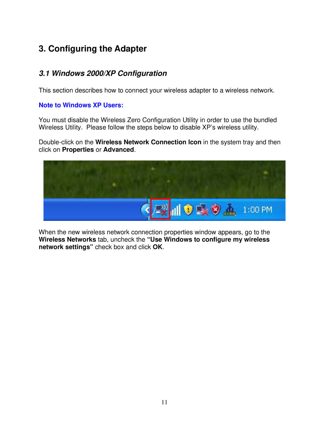 Airlink101 AWLL3028 user manual Configuring the Adapter, Windows 2000/XP Configuration 