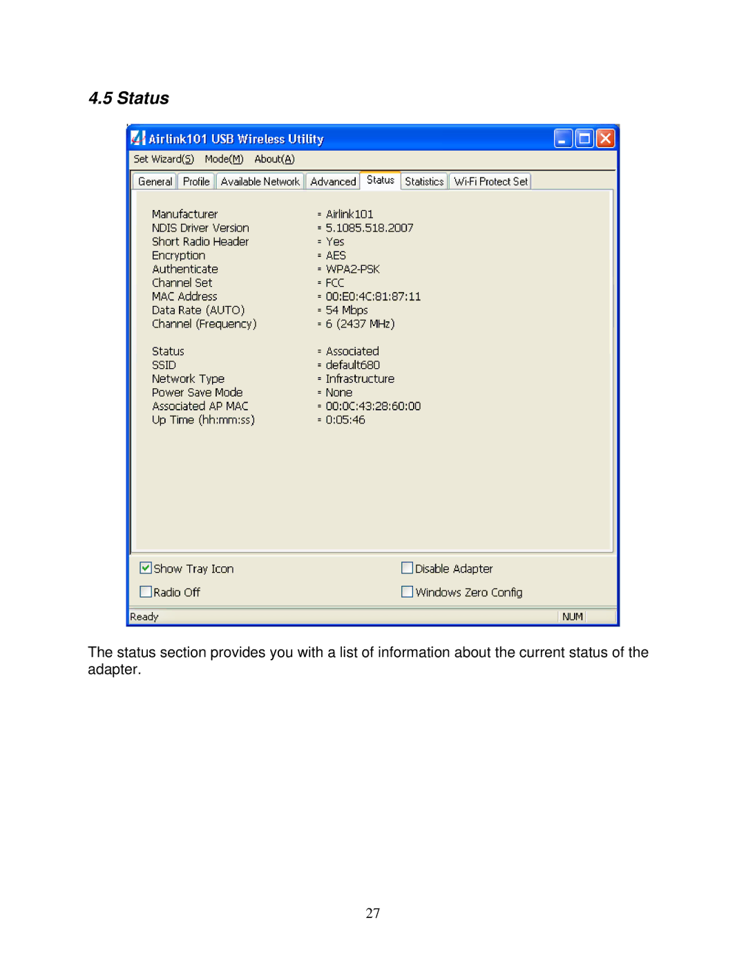 Airlink101 AWLL3028 user manual Status 