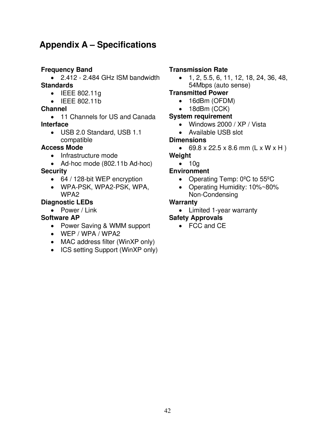 Airlink101 AWLL3028 user manual Appendix a Specifications, Software AP 