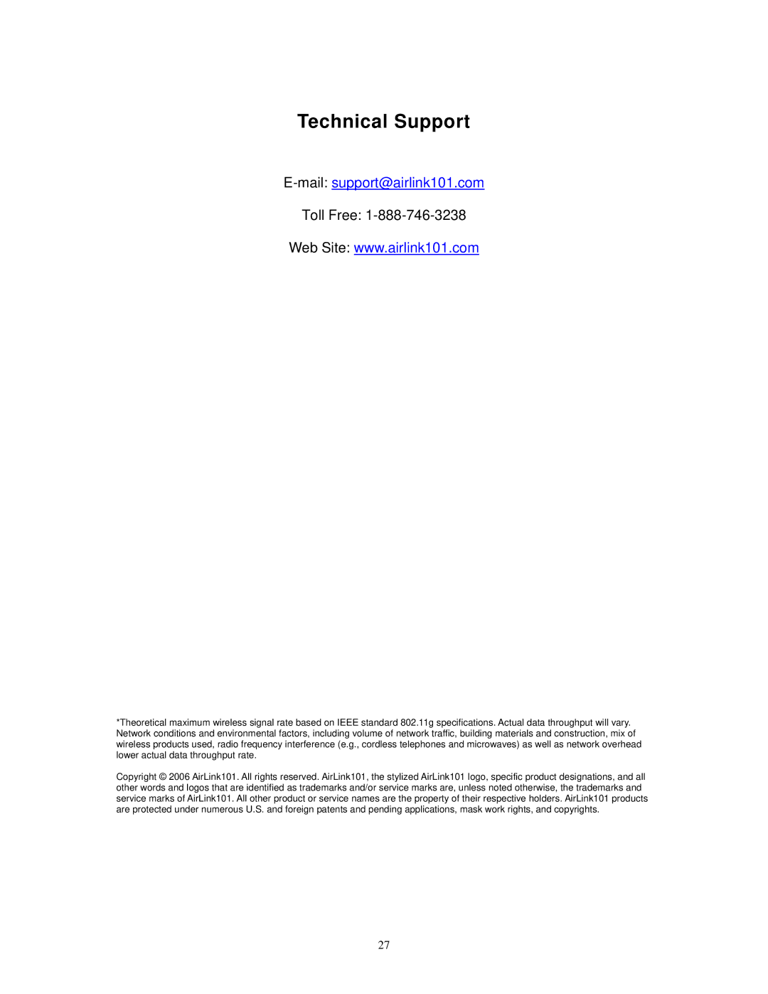 Airlink101 AWLL3055 user manual Technical Support 