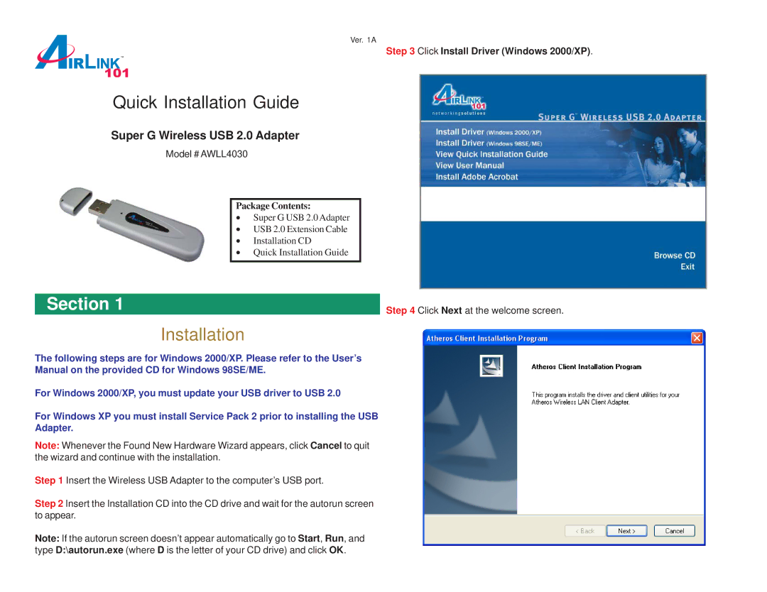 Airlink101 AWLL4030 user manual Quick Installation Guide 