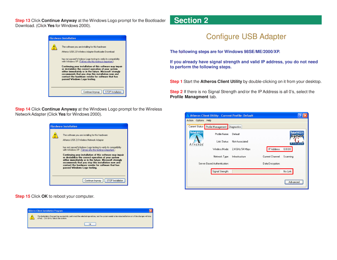 Airlink101 AWLL4030 user manual Configure USB Adapter, Profile Managment tab 