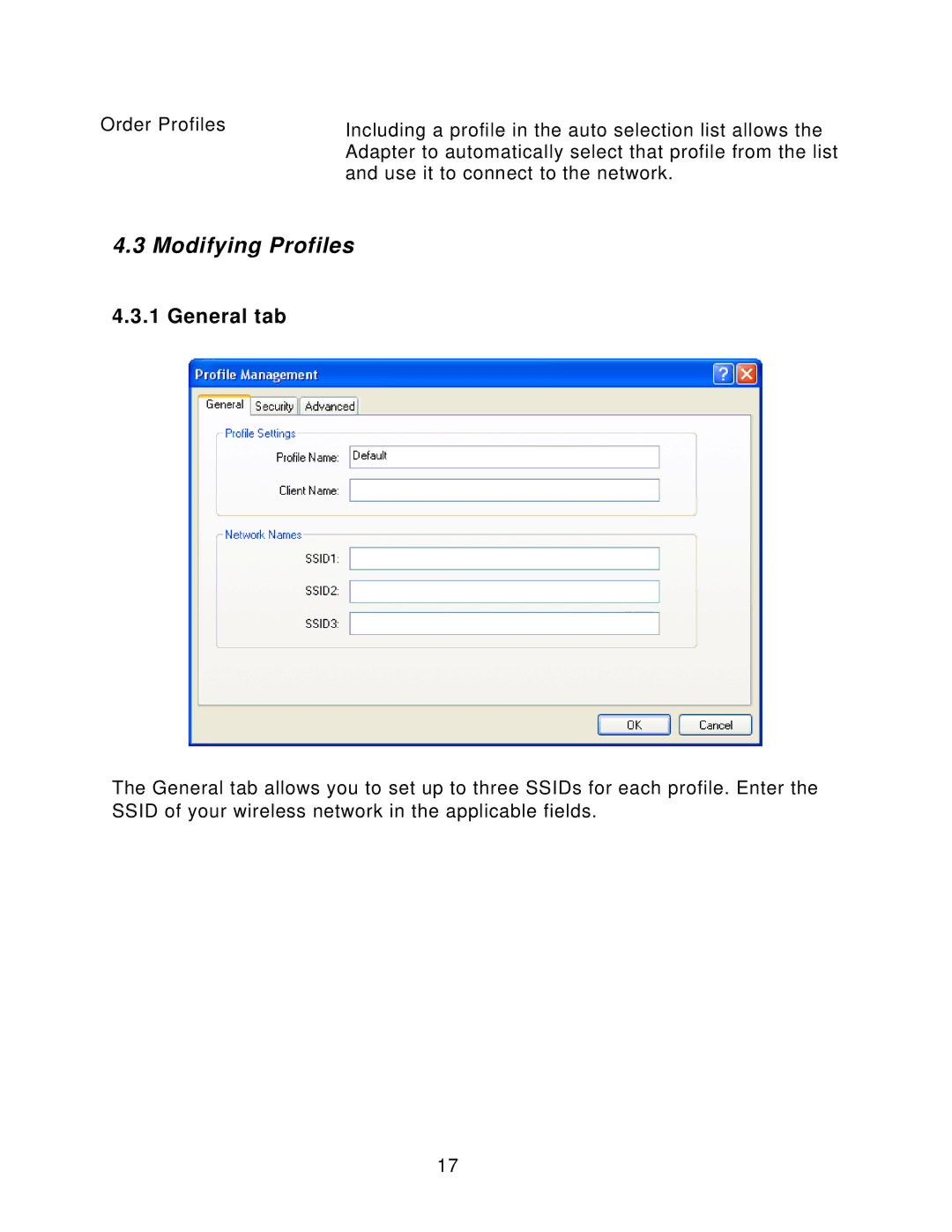 Airlink101 AWLL4030 user manual Modifying Profiles, General tab 