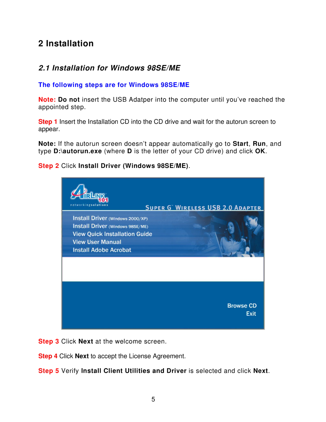 Airlink101 AWLL4030 user manual Installation for Windows 98SE/ME 