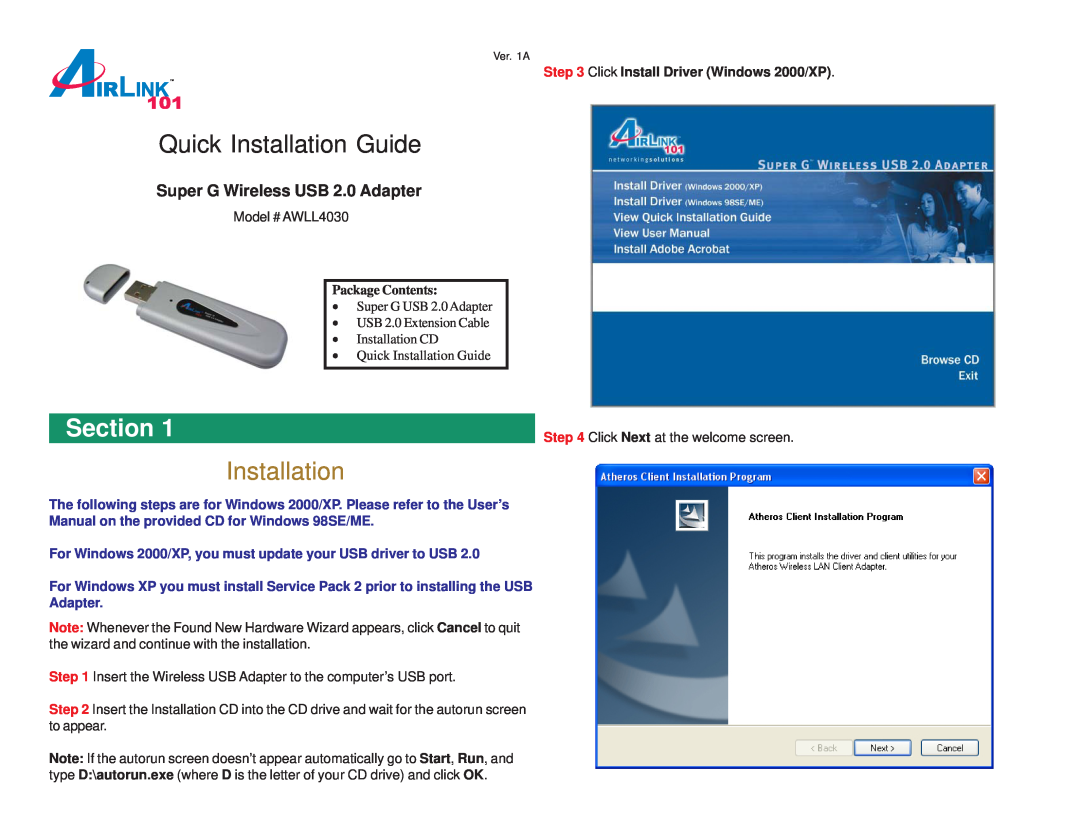 Airlink101 AWLL4030 user manual Section, Package Contents, Quick Installation Guide, Super G Wireless USB 2.0 Adapter 