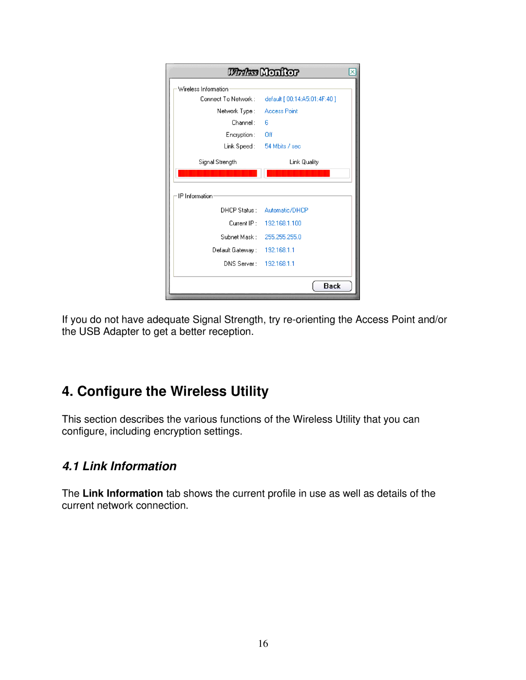 Airlink101 AWLL5026 user manual Configure the Wireless Utility, Link Information 