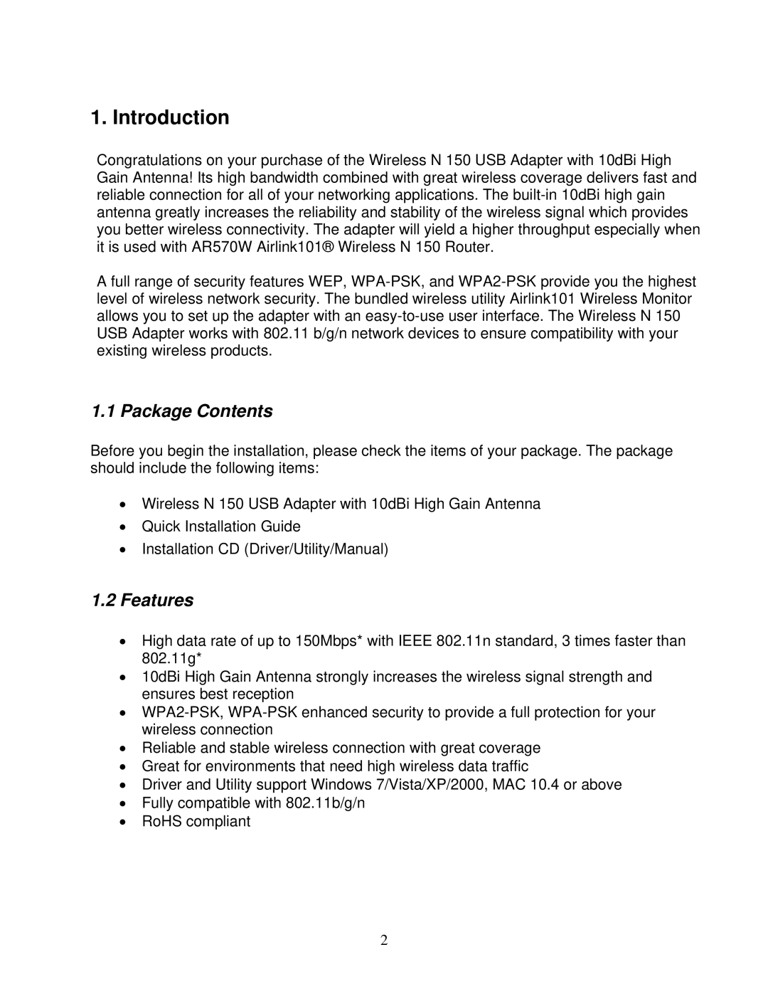 Airlink101 AWLL5055 user manual Introduction, Package Contents, Features 