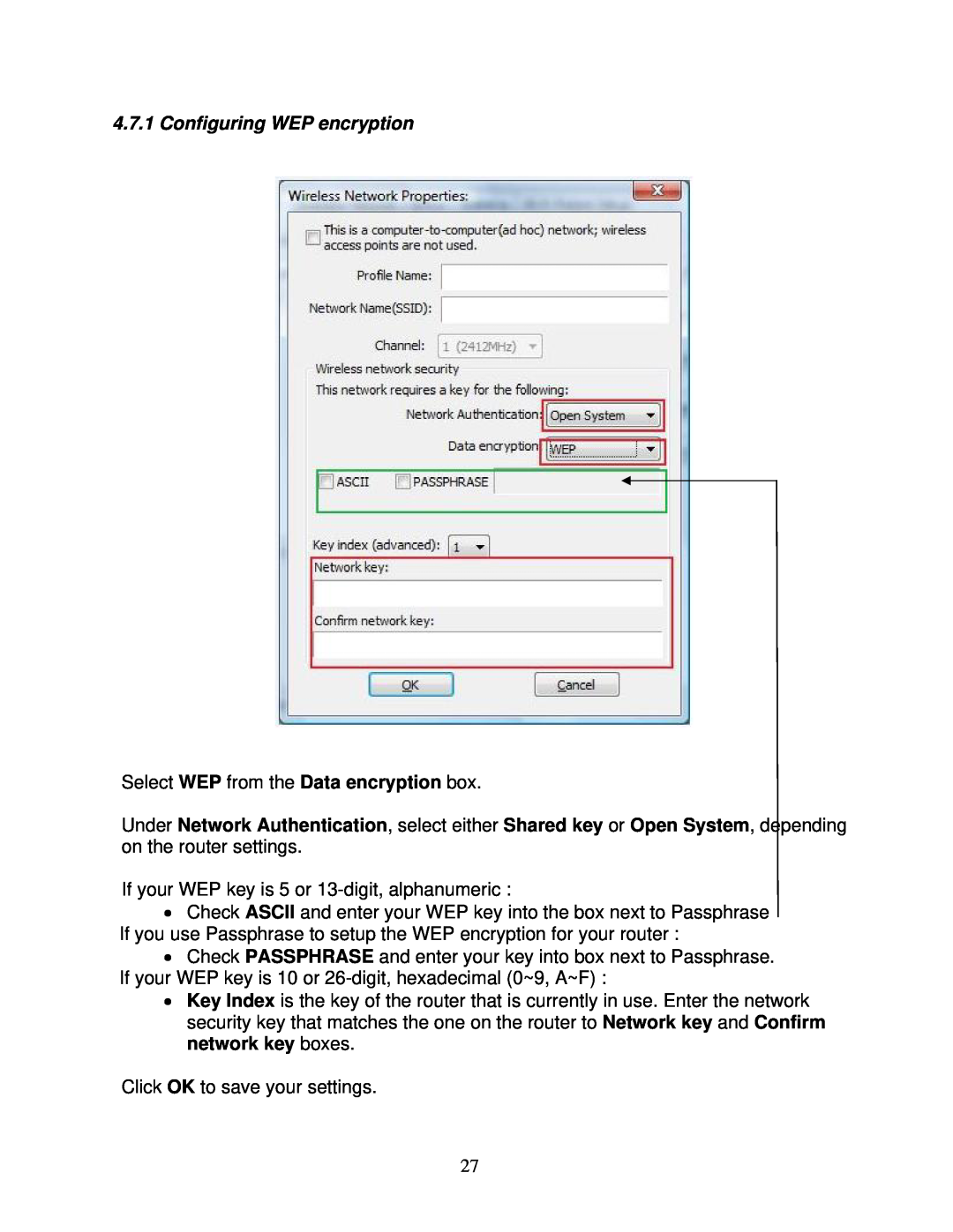 Airlink101 AWLL5077 user manual Configuring WEP encryption 