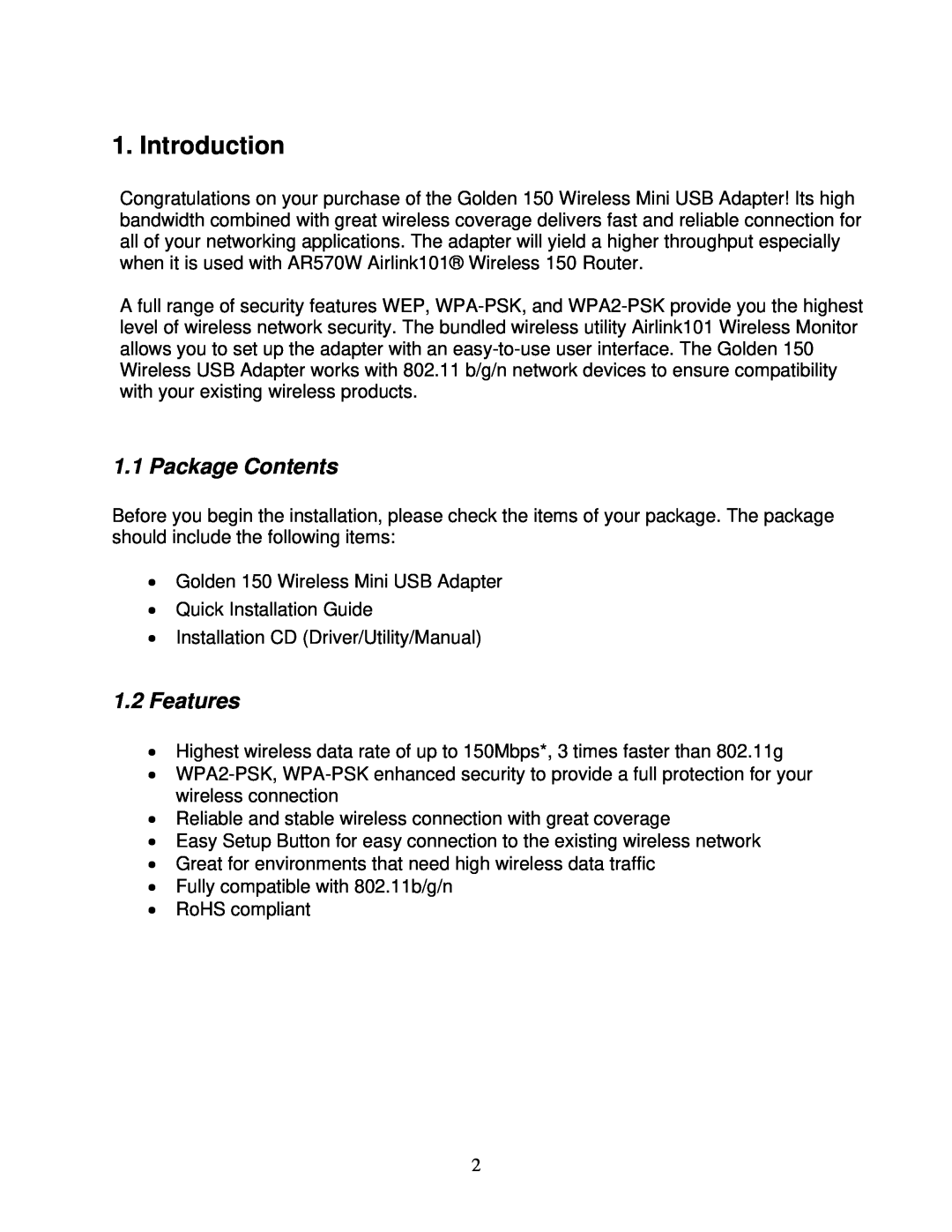 Airlink101 AWLL5077 user manual Introduction, Package Contents, Features 