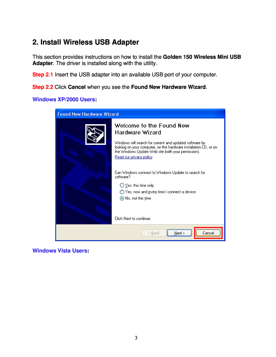 Airlink101 AWLL5077 user manual Install Wireless USB Adapter, Windows XP/2000 Users Windows Vista Users 
