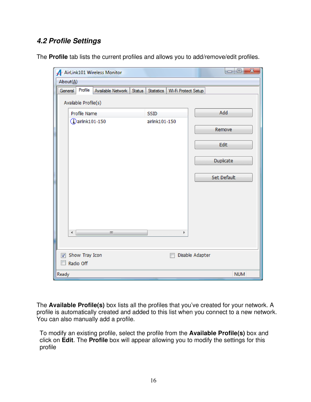 Airlink101 AWLL5077 user manual Profile Settings 