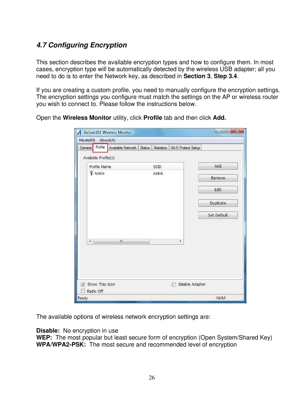 Airlink101 AWLL5077 user manual Configuring Encryption 