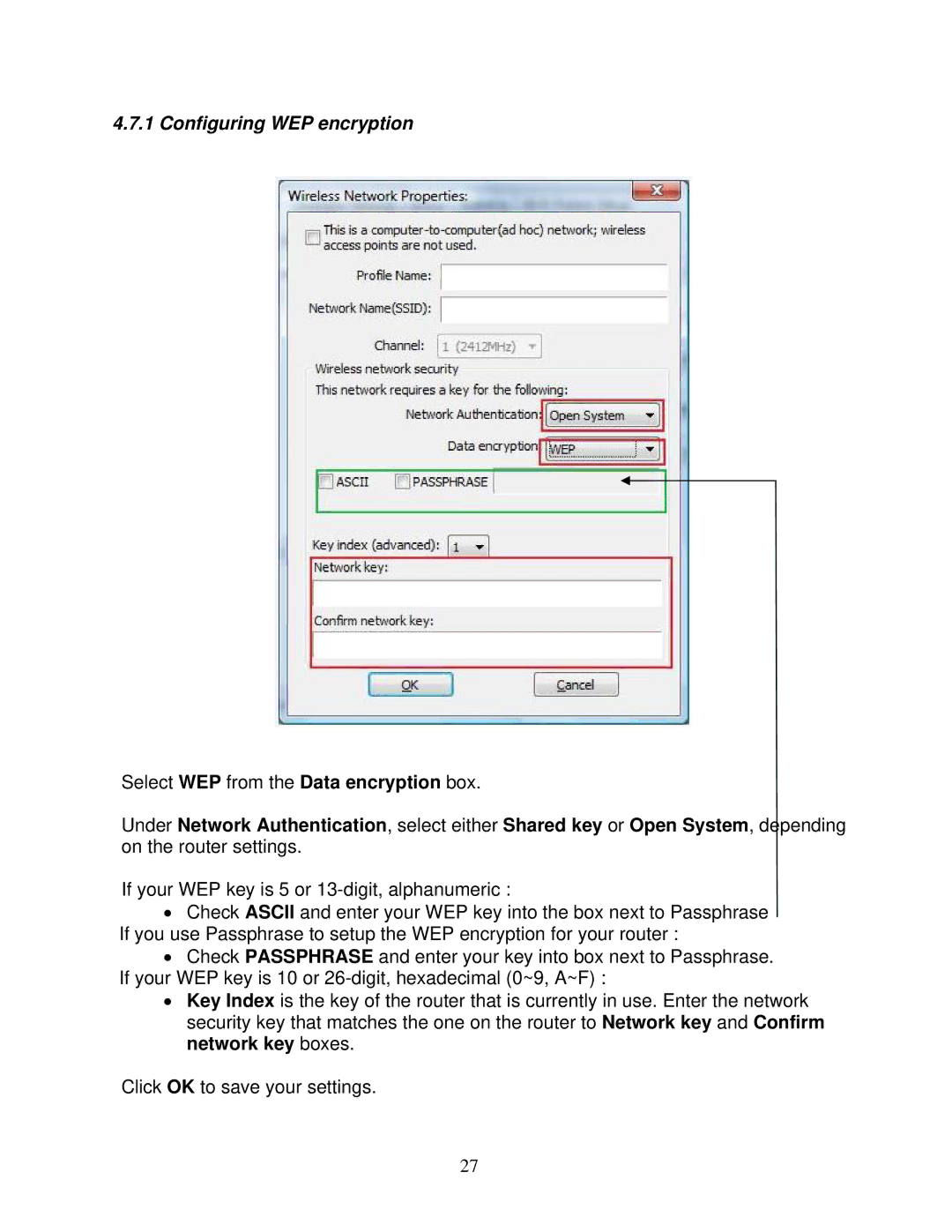 Airlink101 AWLL5077 user manual Configuring WEP encryption 