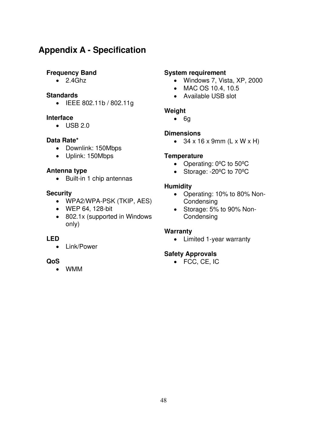 Airlink101 AWLL5077 user manual Appendix a Specification, Security Humidity 