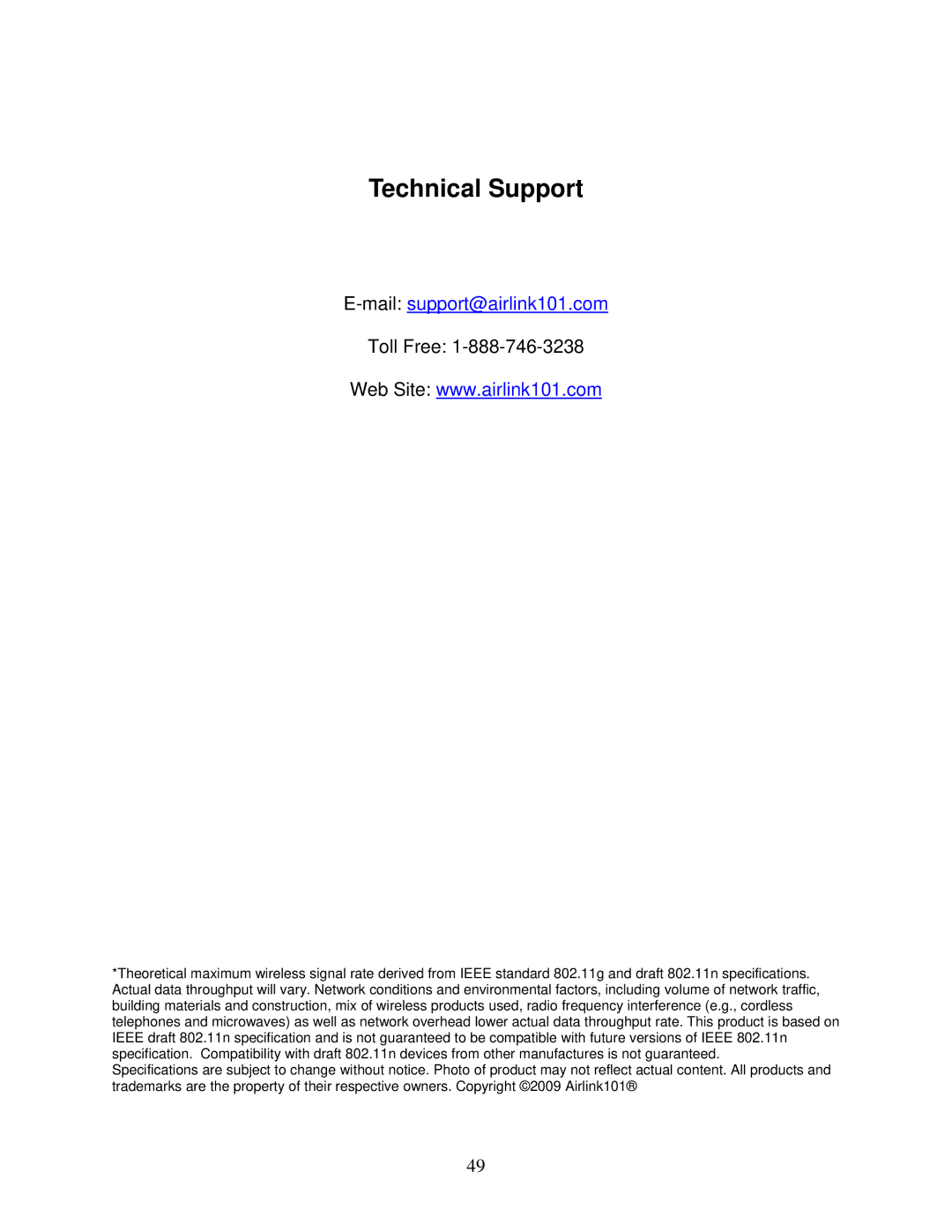 Airlink101 AWLL5077 user manual Technical Support, Mailsupport@airlink101.com 