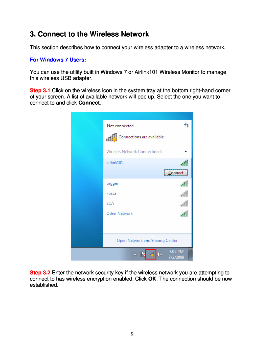 Airlink101 AWLL5088 user manual Connect to the Wireless Network, For Windows 7 Users 