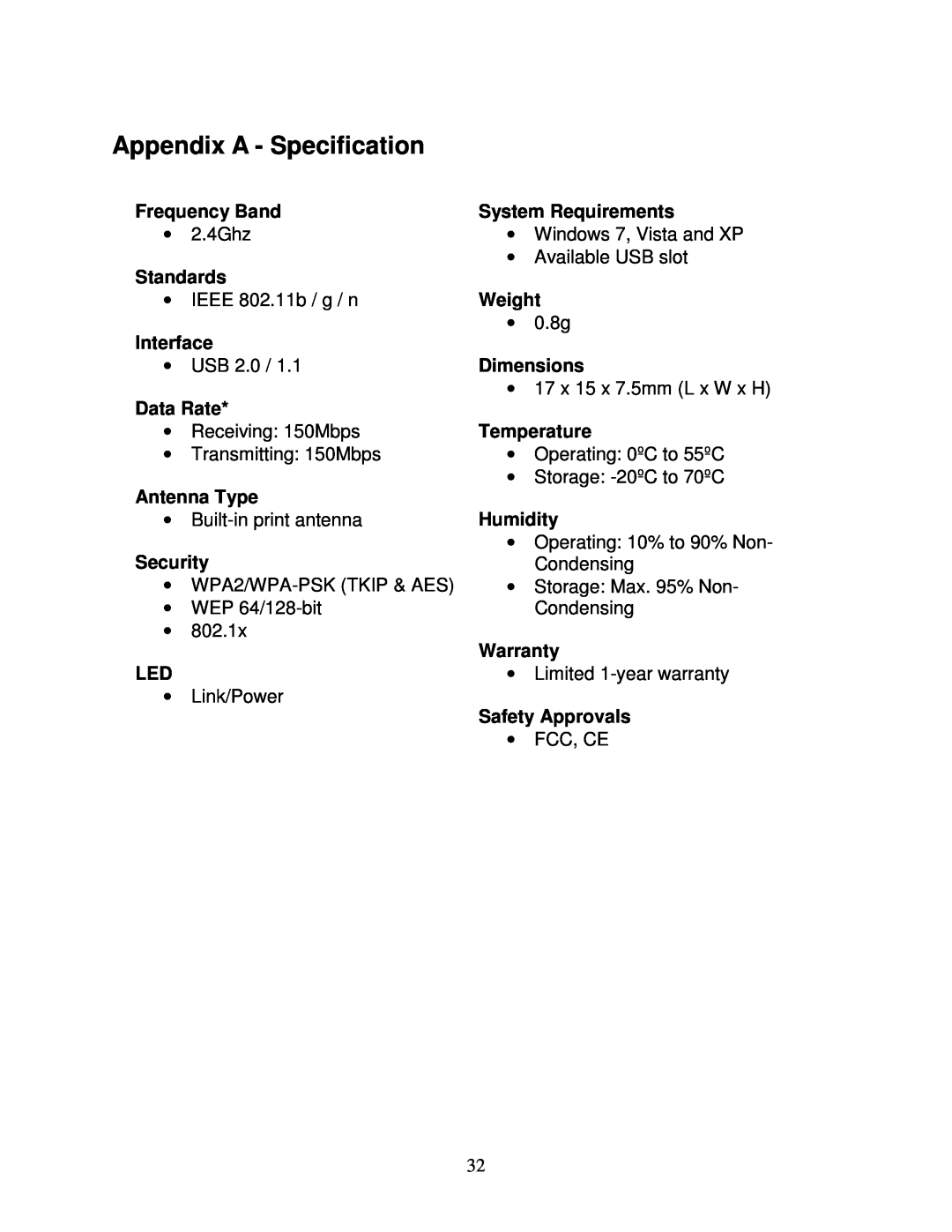 Airlink101 AWLL5088 user manual Appendix A - Specification 