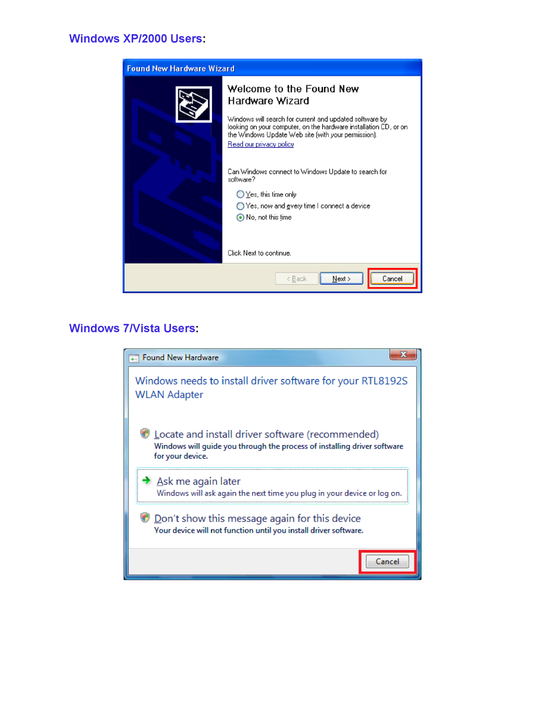 Airlink101 AWLL5099 installation instructions Windows XP/2000 Users Windows 7/Vista Users 