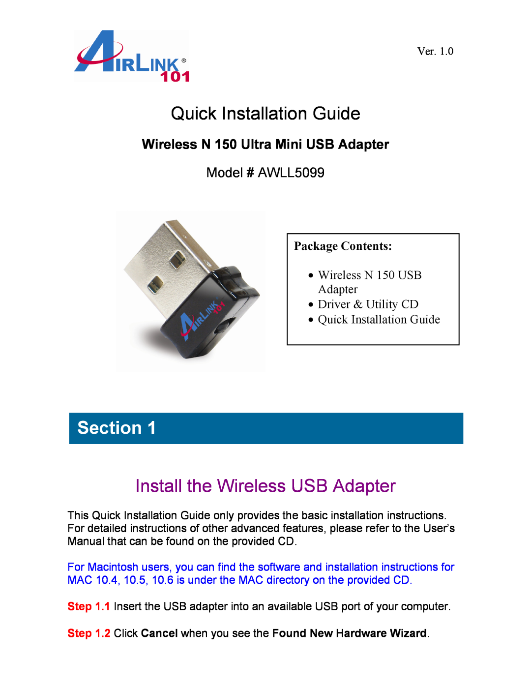 Airlink101 AWLL5099 installation instructions Section, Install the Wireless USB Adapter, Quick Installation Guide 