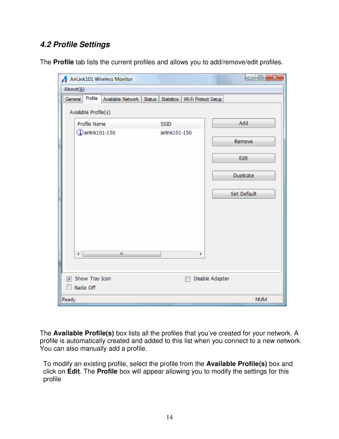 Airlink101 AWLL5166HP user manual Profile Settings 