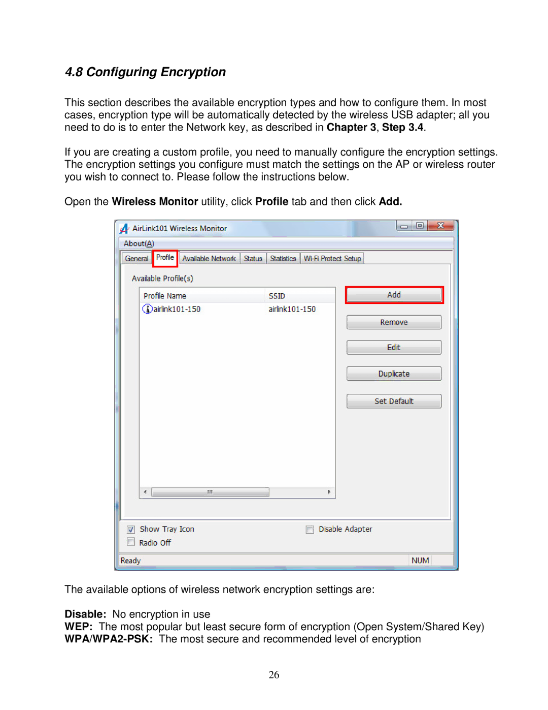 Airlink101 AWLL5166HP user manual Configuring Encryption 