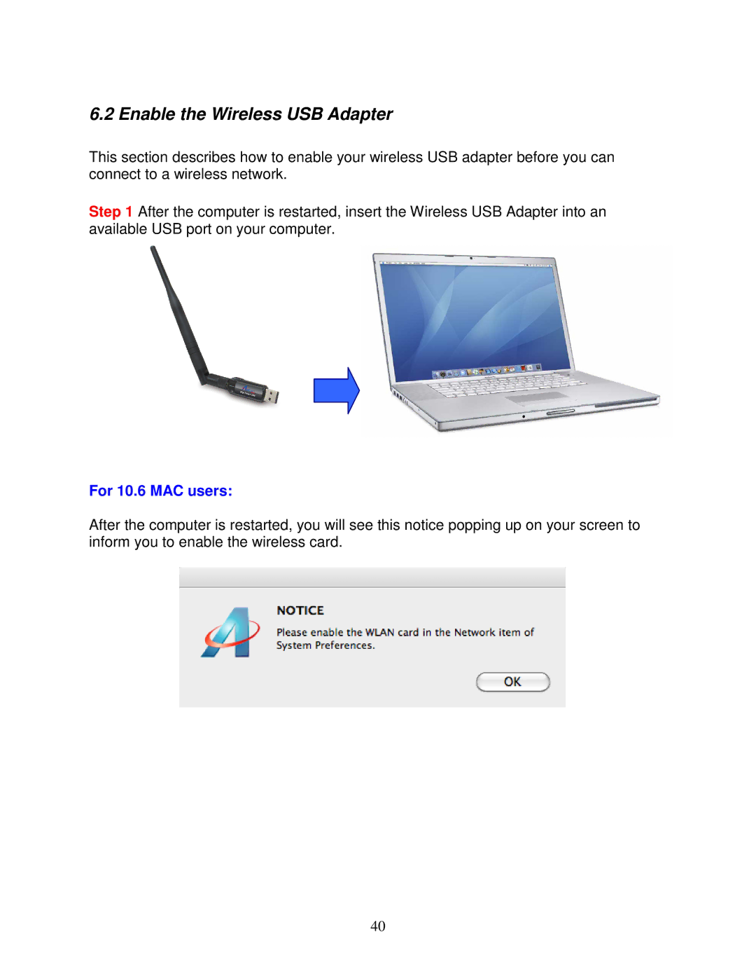 Airlink101 AWLL5166HP user manual Enable the Wireless USB Adapter, For 10.6 MAC users 