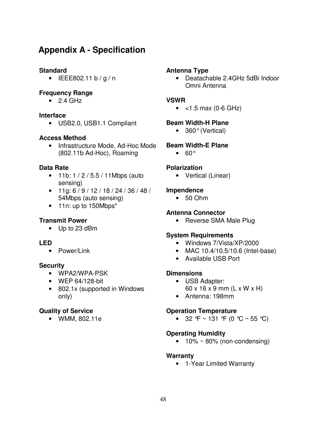 Airlink101 AWLL5166HP user manual Appendix a Specification, Data Rate 