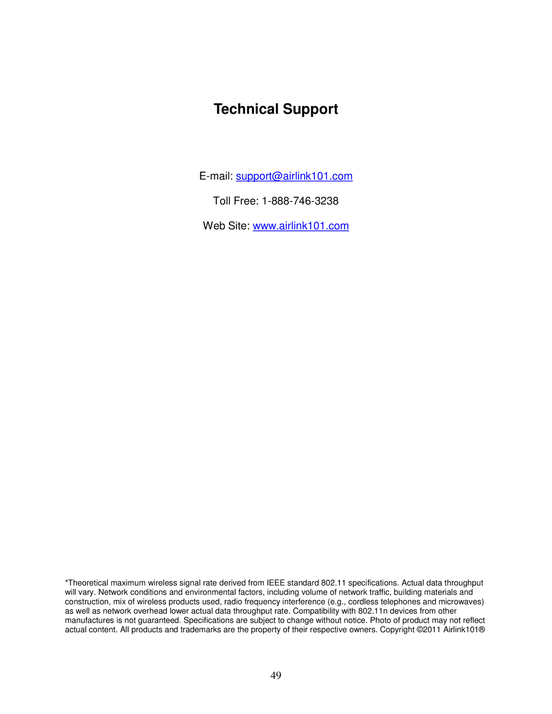 Airlink101 AWLL5166HP user manual Technical Support, Mailsupport@airlink101.com 