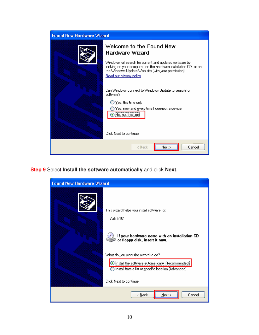 Airlink101 AWLL6070 user manual Select Install the software automatically and click Next 