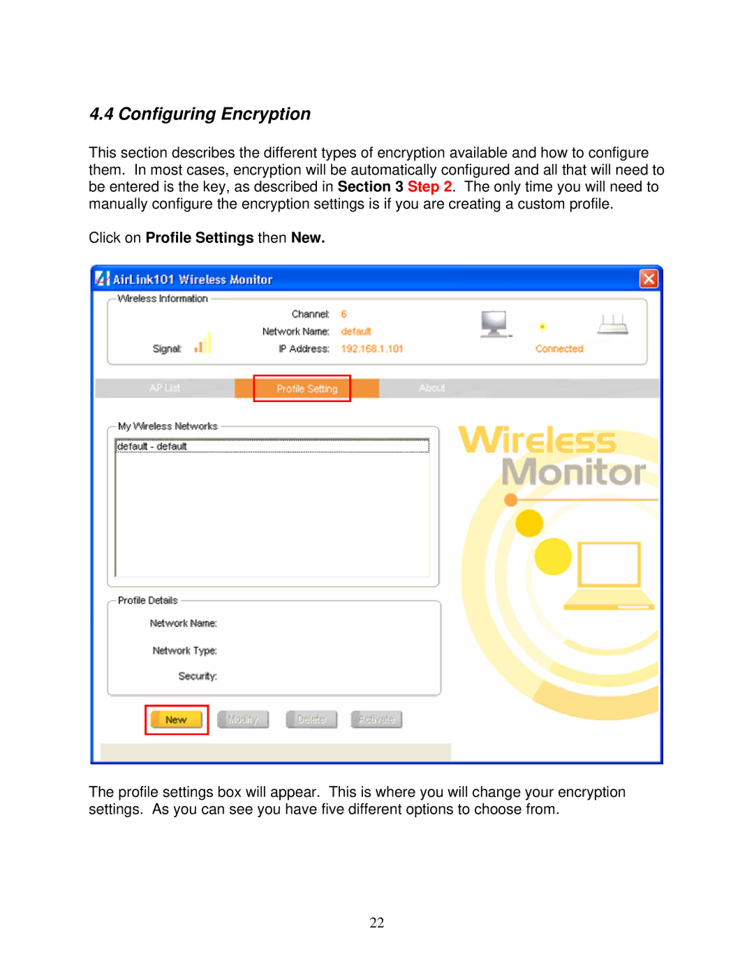 Airlink101 AWLL6070 user manual Configuring Encryption, Click on Profile Settings then New 