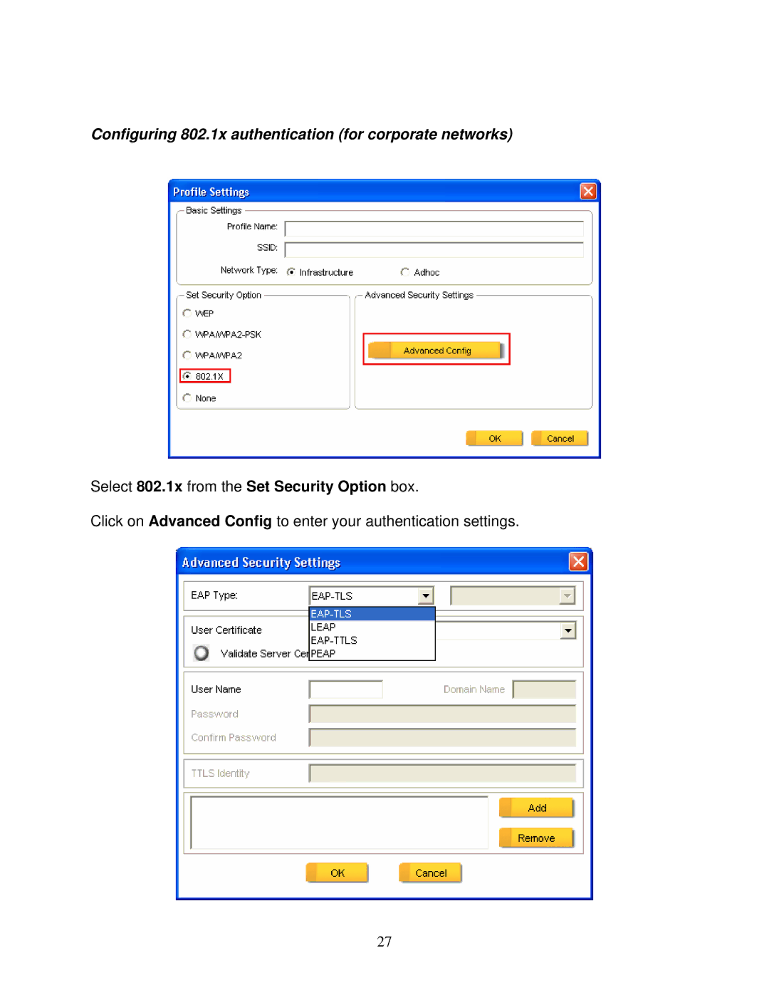 Airlink101 AWLL6070 user manual Configuring 802.1x authentication for corporate networks 