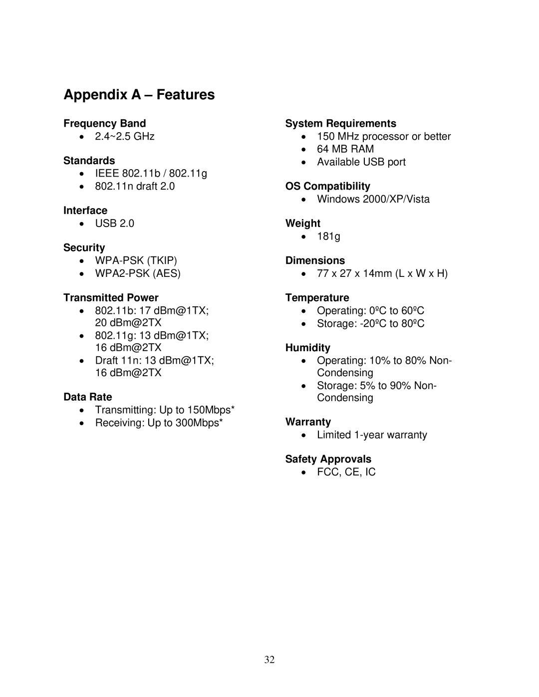 Airlink101 AWLL6070 user manual Appendix a Features 