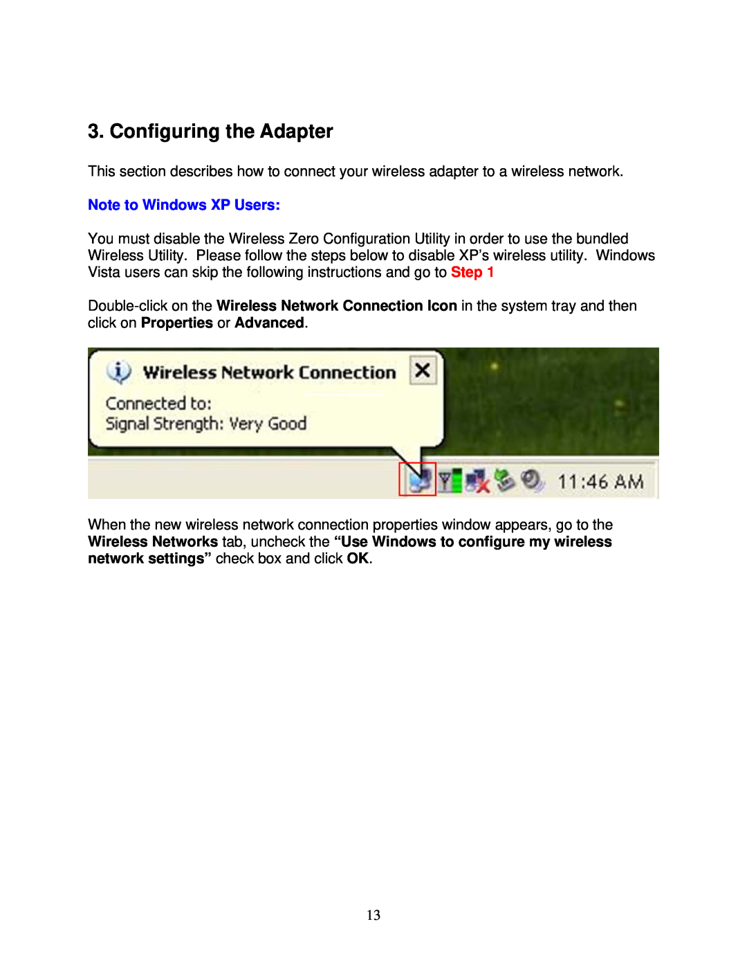 Airlink101 AWLL6070 user manual Configuring the Adapter, Note to Windows XP Users 