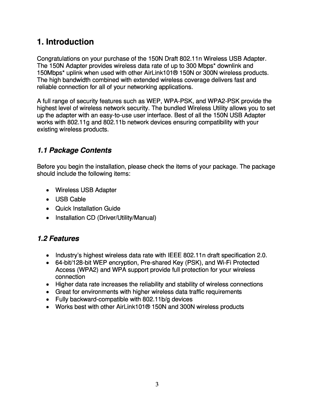 Airlink101 AWLL6070 user manual Introduction, Package Contents, Features 